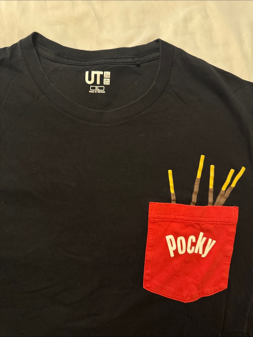 Uniqlo Black Tee with Red Pocky Pocket Graphic